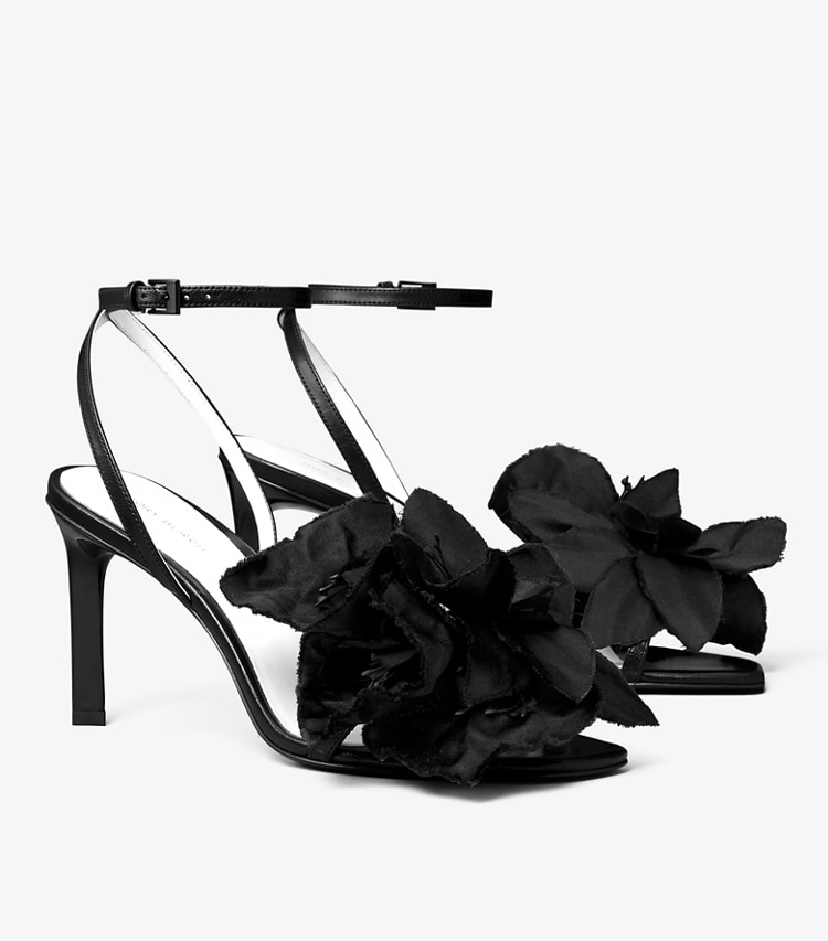 Tory Burch designer sandals Flower Heeled Sandal in PERFECT BLACK angle