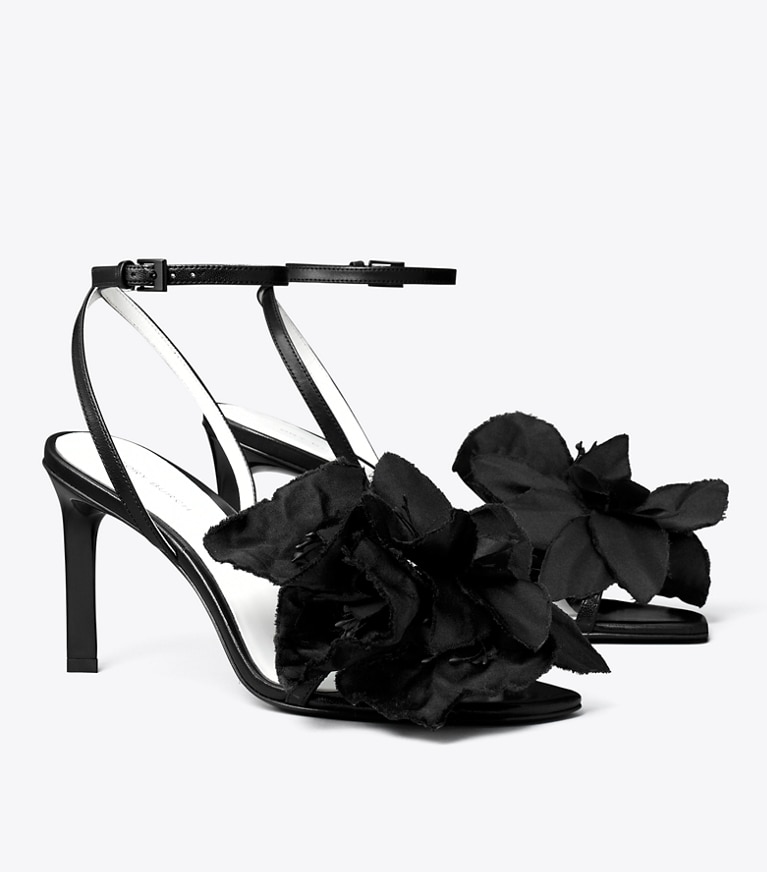 Tory Burch designer sandals Flower Heeled Sandal in PERFECT BLACK angle