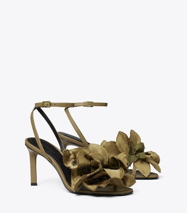 Tory Burch designer sandals Flower Heeled Sandal in RAMURE GREEN angle
