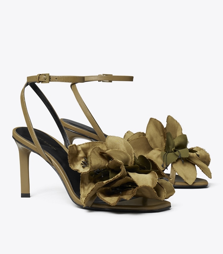 Tory Burch designer sandals Flower Heeled Sandal in RAMURE GREEN angle