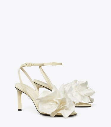 Tory Burch designer sandals Flower Heeled Sandal in SOFT CUSTARD angle