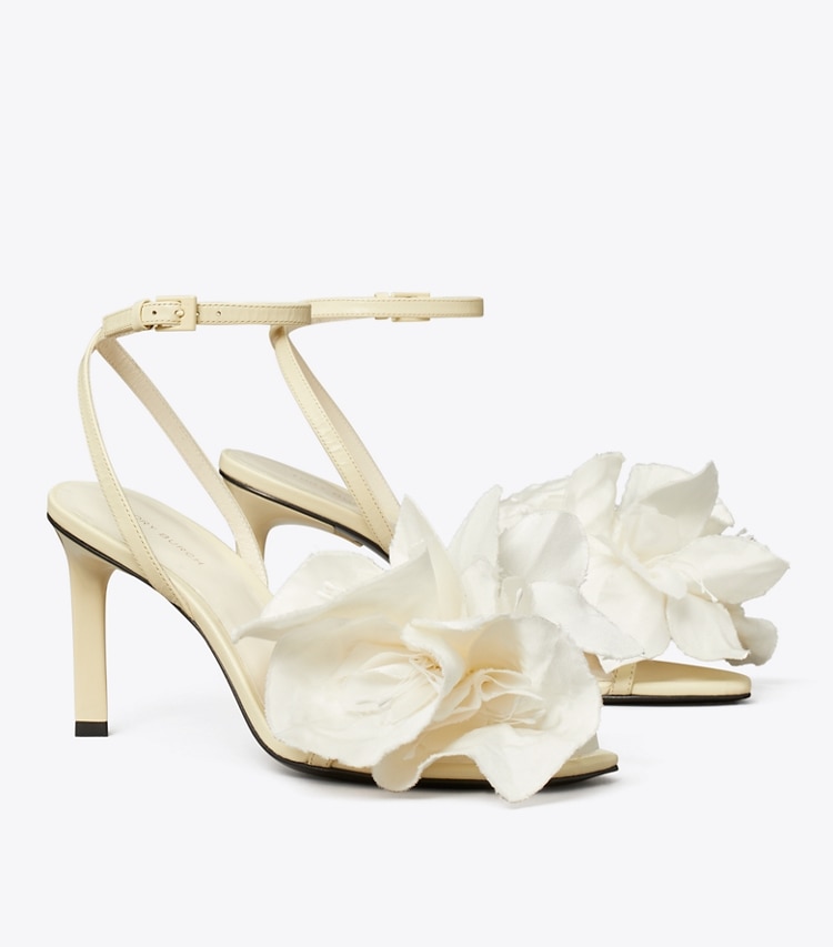 Tory Burch designer sandals Flower Heeled Sandal in SOFT CUSTARD angle