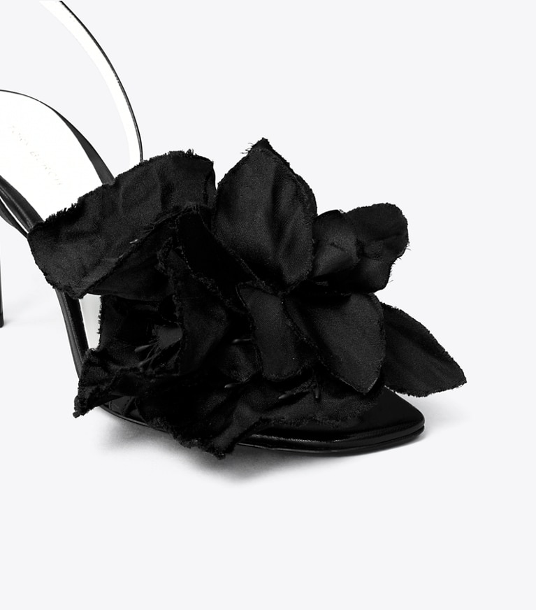 Tory Burch designer sandals Flower Heeled Sandal in PERFECT BLACK angle