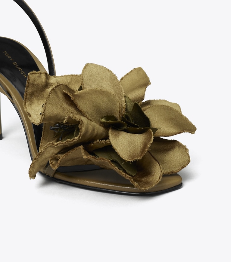 Tory Burch designer sandals Flower Heeled Sandal in RAMURE GREEN angle