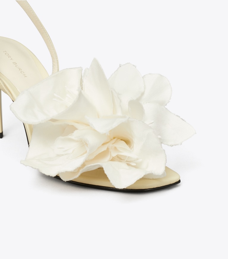 Tory Burch designer sandals Flower Heeled Sandal in SOFT CUSTARD detail