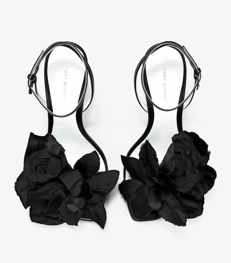 Tory Burch designer sandals Flower Heeled Sandal in PERFECT BLACK angle