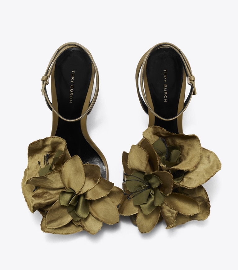 Tory Burch designer sandals Flower Heeled Sandal in RAMURE GREEN angle