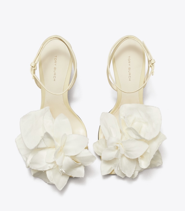 Tory Burch designer sandals Flower Heeled Sandal in SOFT CUSTARD overhead