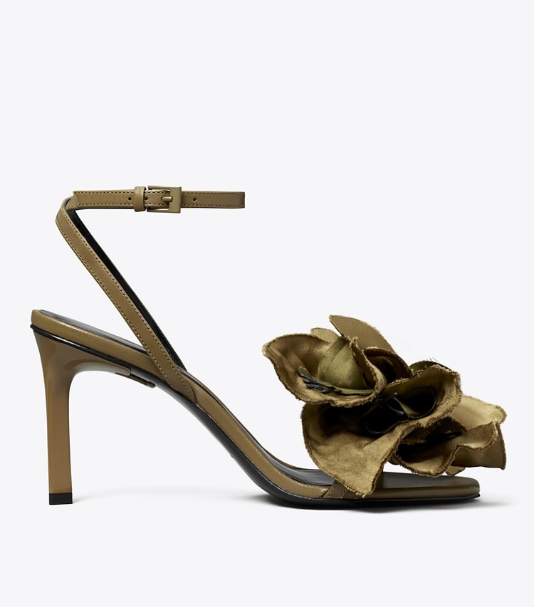 Tory Burch designer sandals Flower Heeled Sandal in RAMURE GREEN side