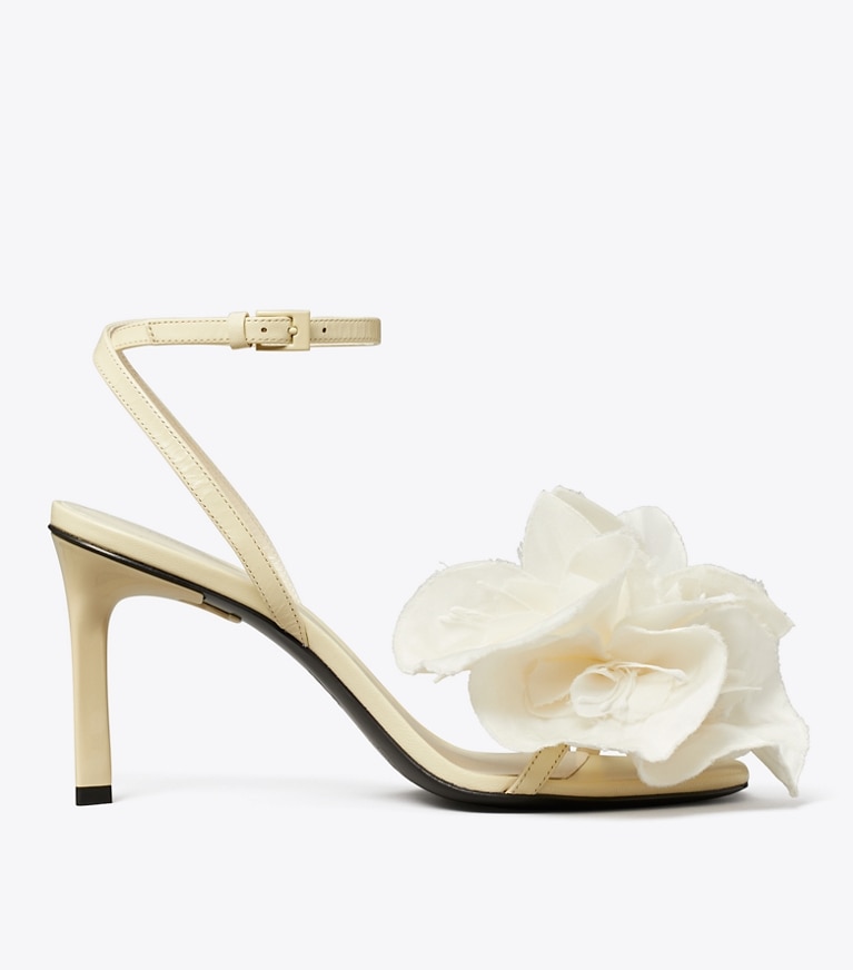 Tory Burch designer sandals Flower Heeled Sandal in SOFT CUSTARD side