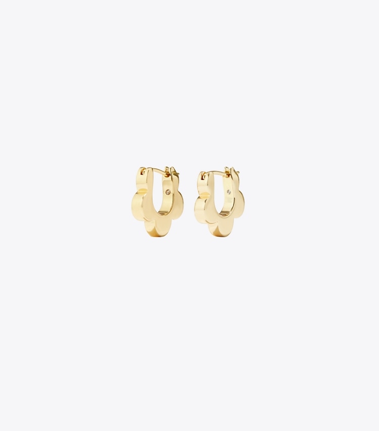 Tory Burch designer earrings Flower Huggie Earring in Tory Gold front