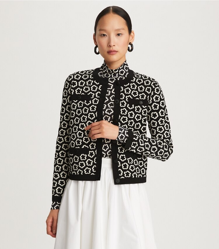 Tory Burch designer sweaters Flower Jacquard Kendra Cardigan in Black on model detail