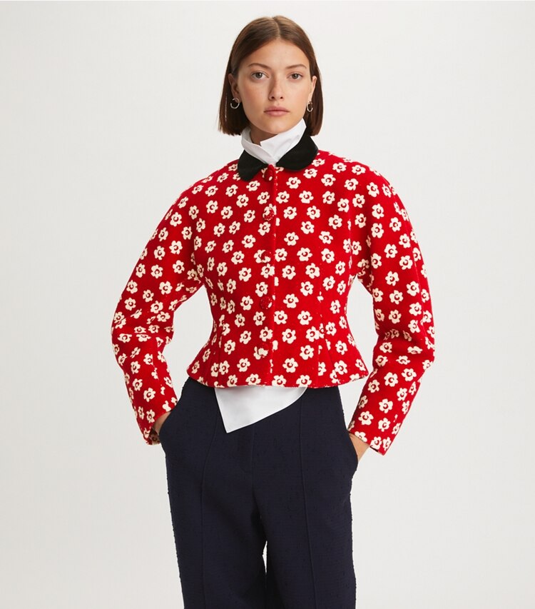 Tory Burch designer jackets Flower Stencil Bouclé Jacket in Vivid Red on model detail