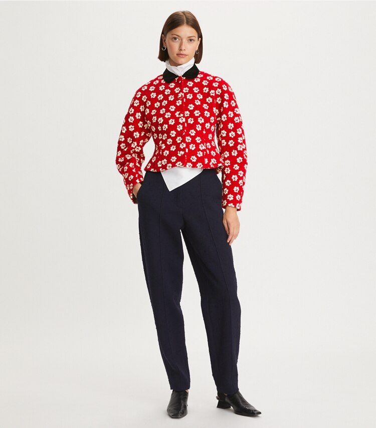 Tory Burch designer jackets Flower Stencil Bouclé Jacket in Vivid Red on model front