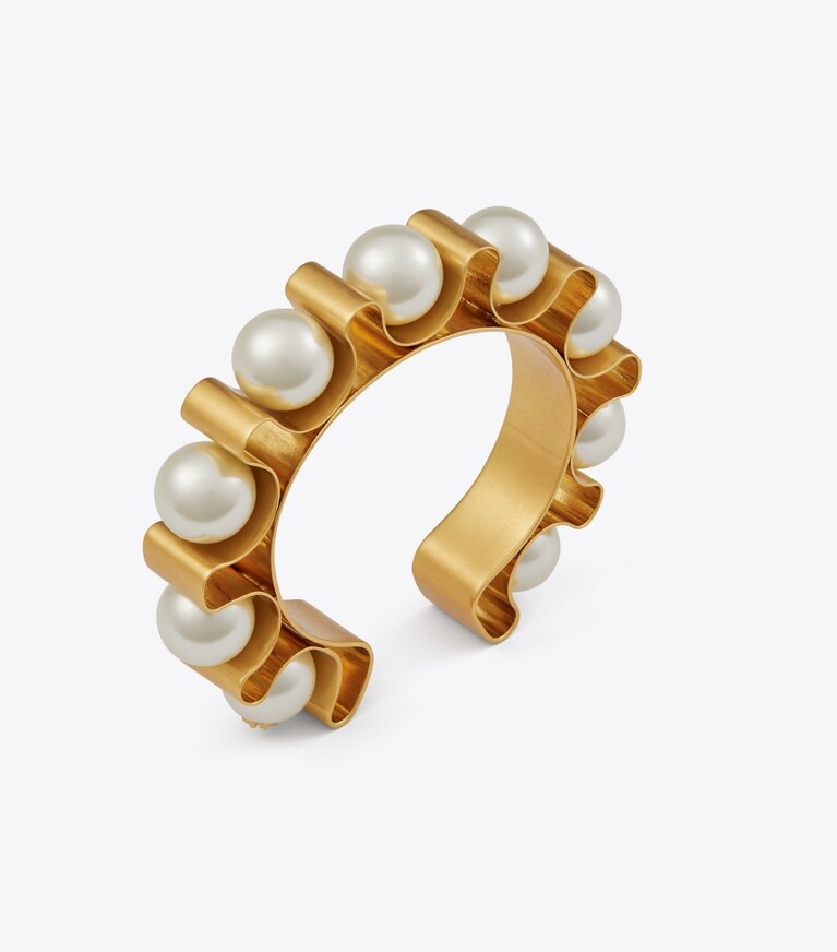Tory Burch designer earrings Fluted Pearl Cuff in Rolled Brass / Pearl front