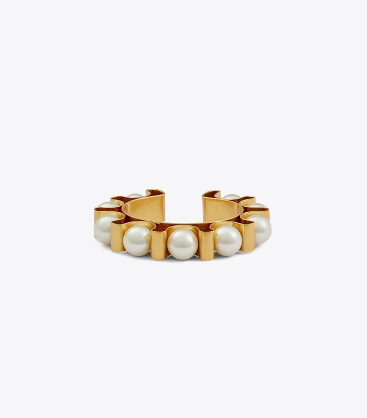 Tory Burch designer earrings Fluted Pearl Cuff in Rolled Brass / Pearl front