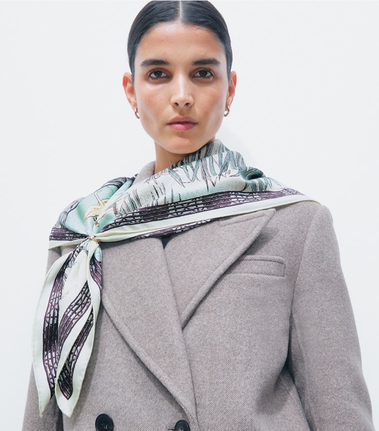 Tory Burch designer scarves Forest Silk Square Scarf in Forest Silk Square Yellow accessory on model