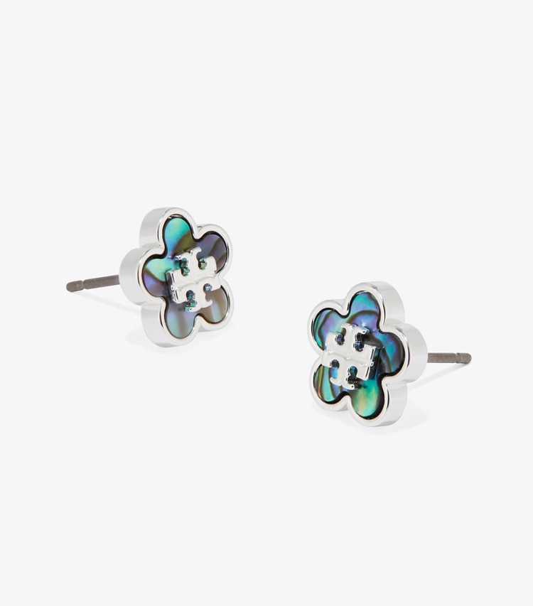 Tory Burch designer ohrringe Forget Me Not Blumenohrstecker in Light Silver / Abalone detail