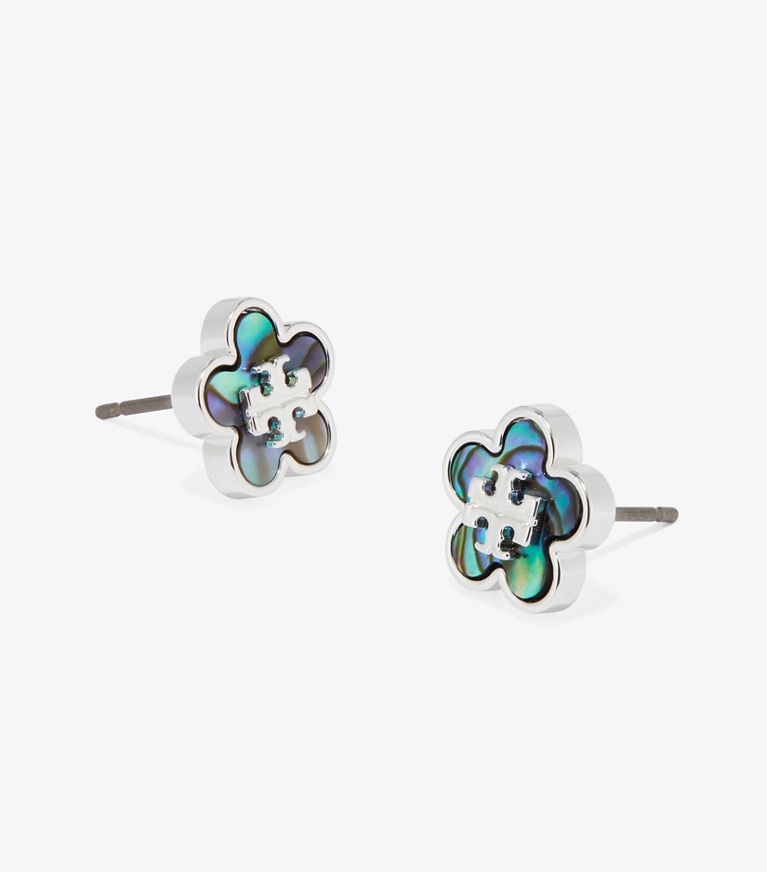 Tory Burch designer ohrringe Forget Me Not Blumenohrstecker in Light Silver / Abalone detail