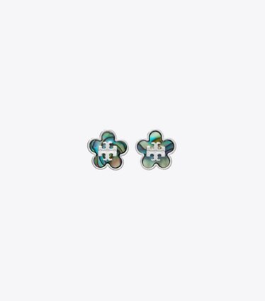 Tory Burch designer ohrringe Forget Me Not Blumenohrstecker in Light Silver / Abalone front