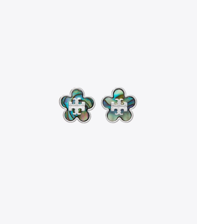 Tory Burch designer ohrringe Forget Me Not Blumenohrstecker in Light Silver / Abalone front