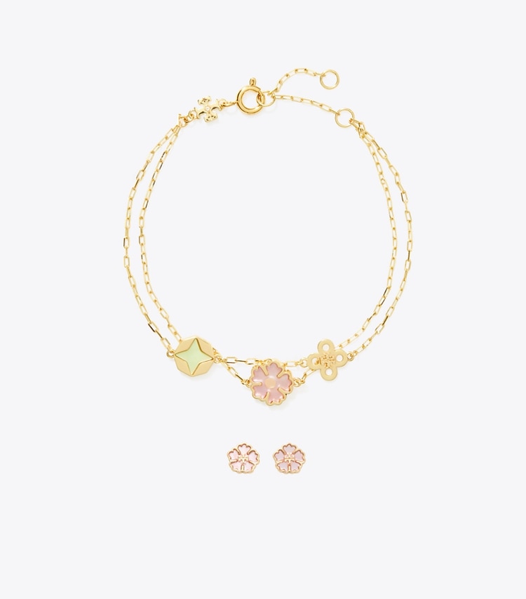 Tory Burch designer jewelry boxes Forget Me Not Bracelet and Earrings Gift Set in Tory Gold / Multi front
