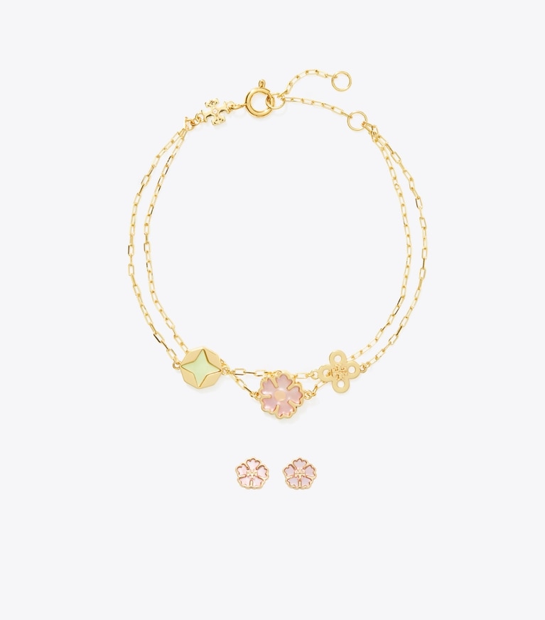 Tory Burch designer jewelry boxes Forget Me Not Bracelet and Earrings Gift Set in Tory Gold / Multi front