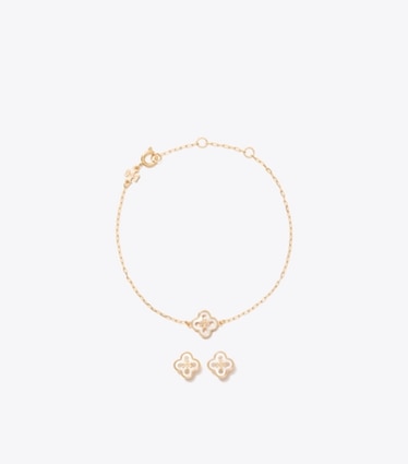 Tory Burch designer jewelry boxes Forget Me Not Bracelet Earrings Gift Set in Tory Gold / Mother of Pearl front