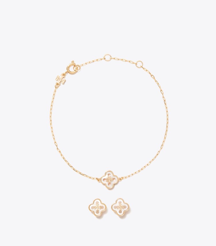 Tory Burch designer jewelry boxes Forget Me Not Bracelet Earrings Gift Set in Tory Gold / Mother of Pearl front