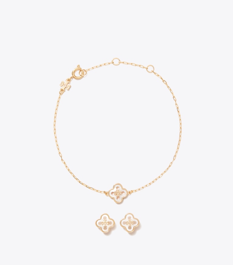 Tory Burch designer jewelry boxes Forget Me Not Bracelet Earrings Gift Set in Tory Gold / Mother of Pearl front