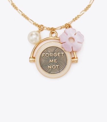 Tory Burch designer necklaces Forget Me Not Charm Pendant Necklace in Tory Gold / Pink / Cream front