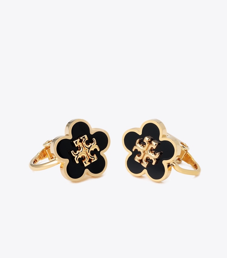 Tory Burch designer イヤリング＆ピアス フォーゲットミーノット エナメル フラワー クリップオンイヤリング in Tory Gold / Black ディテール