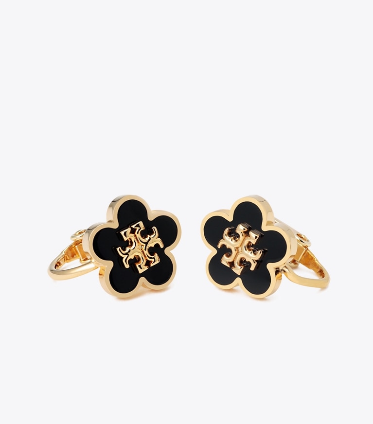Tory Burch designer イヤリング＆ピアス フォーゲットミーノット エナメル フラワー クリップオンイヤリング in Tory Gold / Black front