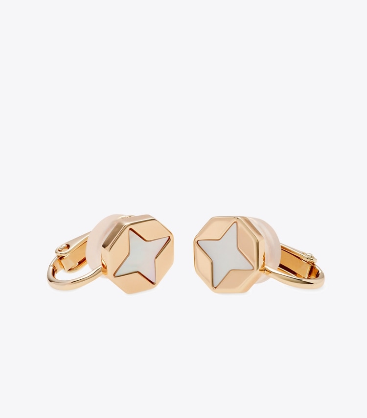 Tory Burch designer イヤリング＆ピアス フォーゲットミーノット クローバー マザーオブパール クリップイヤリング in Tory Gold / Mother of Pearl ディテール