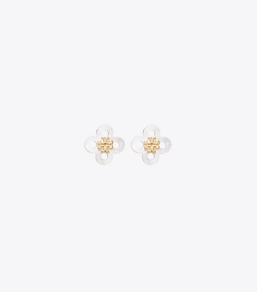 Tory Burch designer earrings Forget Me Not Clover Stud Earring in Tory Gold / Mother of Pearl front