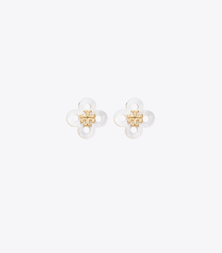 Tory Burch designer earrings Forget Me Not Clover Stud Earring in Tory Gold / Mother of Pearl front