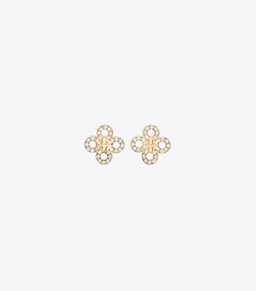 Tory Burch designer earrings Forget Me Not Clover Stud Earrings in Tory Gold / Crystal front