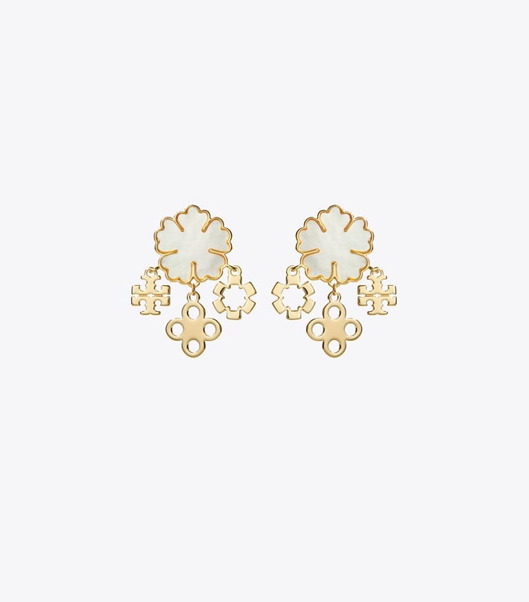 Tory Burch designer boucles d'oreilles Forget Me Not Cluster Earrings in Tory Gold / Mother of Pearl front