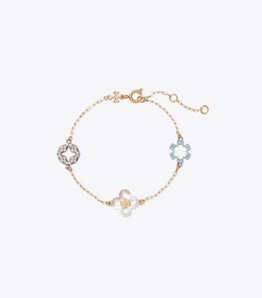 Tory Burch designer bracelets Forget Me Not Delicate Pavé Bracelet in Tory Gold / Multi front