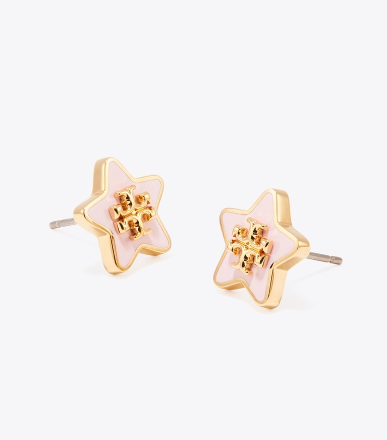 Tory Burch designer earrings Forget Me Not Enamel Stud Earrings in Tory Gold / Pink Snow detail