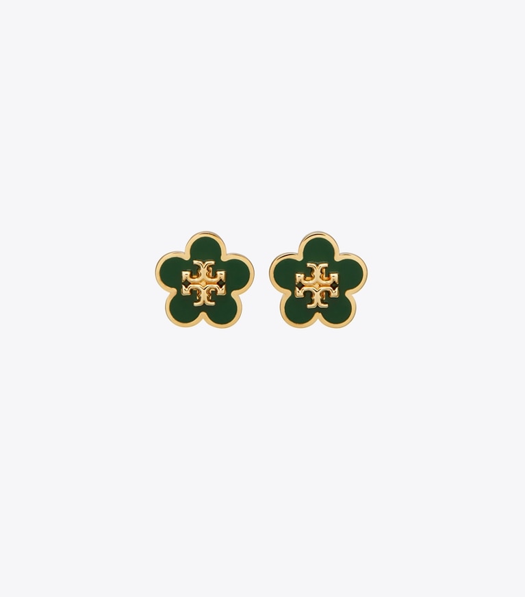 Tory Burch designer earrings Forget Me Not Enamel Stud Earrings in Tory Gold / Dark Kale front