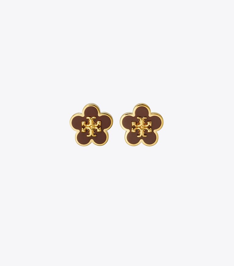 Tory Burch designer earrings Forget Me Not Enamel Stud Earrings in Tory Gold / Burgundy front