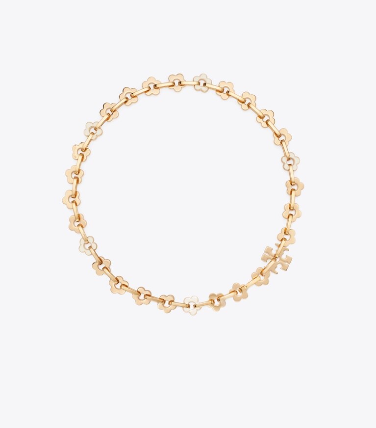 Tory Burch designer halsketten Forget Me Not Halskette mit ineinandergreifenden Gliedern in Tory Gold / New Ivory front