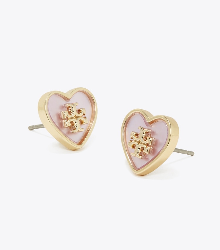 Tory Burch designer earrings Forget Me Not Heart Stud Earrings in Tory Gold / Pink detail