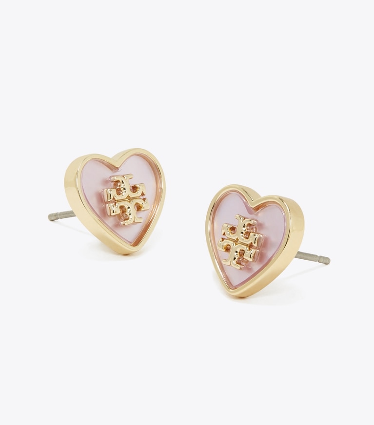 Tory Burch designer earrings Forget Me Not Heart Stud Earrings in Tory Gold / Pink front