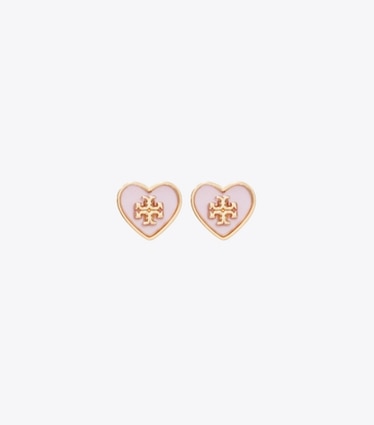Tory Burch designer earrings Forget Me Not Heart Stud Earrings in Tory Gold / Pink front