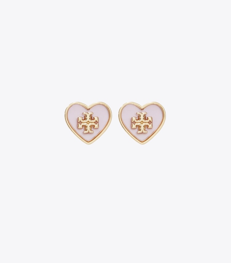 Tory Burch designer earrings Forget Me Not Heart Stud Earrings in Tory Gold / Pink front