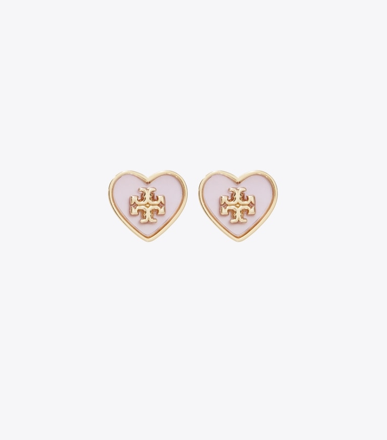Tory Burch designer earrings Forget Me Not Heart Stud Earrings in Tory Gold / Pink front