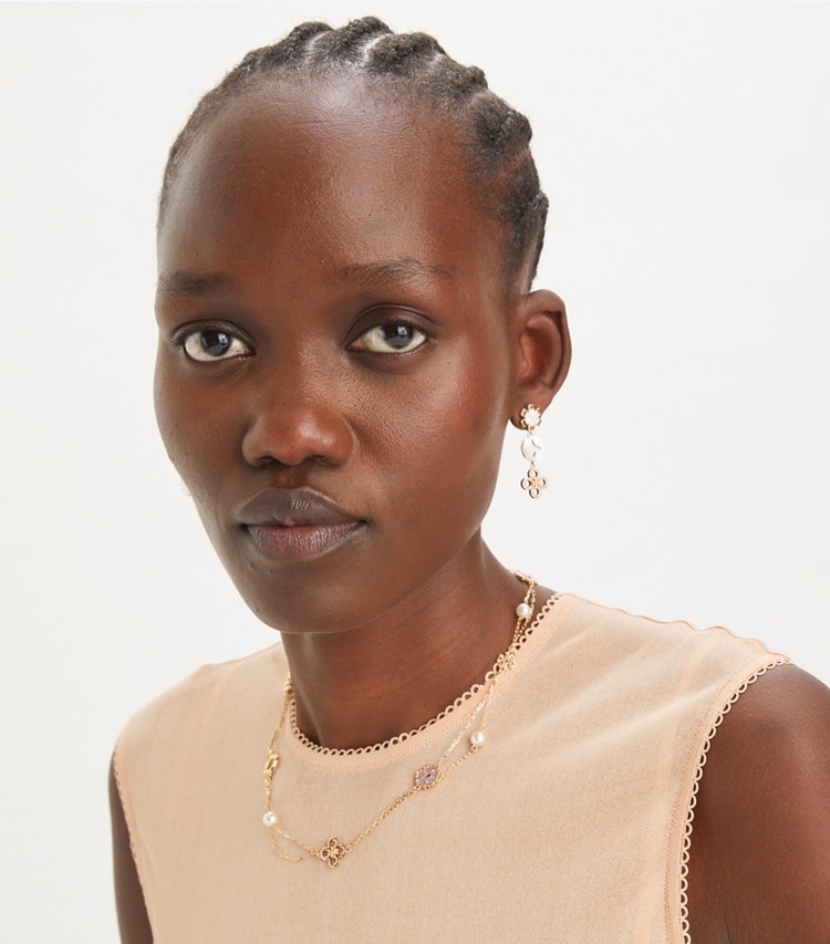 Tory Burch designer necklaces Forget Me Not Layered Necklace in Tory Gold / Pink / Ivory accessory on model