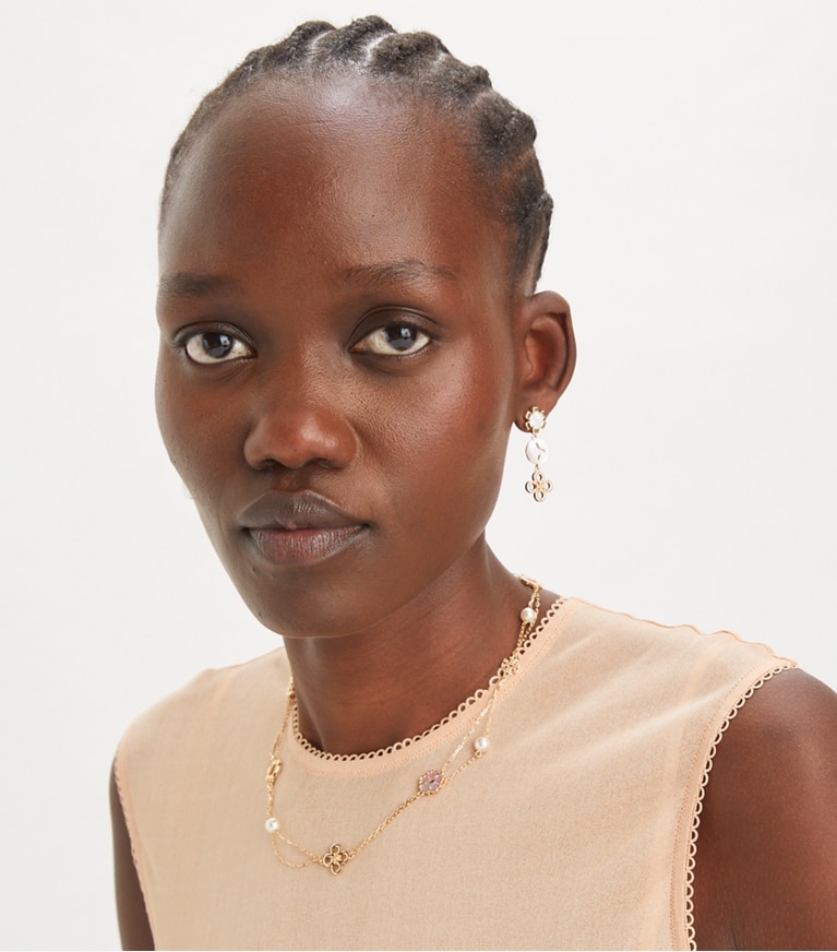 Tory Burch designer necklaces Forget Me Not Layered Necklace in Tory Gold / Pink / Ivory front